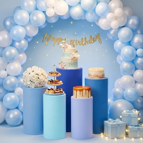 Set of 5 Blue Cylinder Stand Covers, Spandex Pedestal Stand in Blue Color, alternate view 2