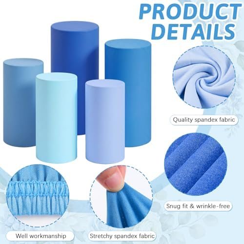 Set of 5 Blue Cylinder Stand Covers, Spandex Pedestal Stand in Blue Color, alternate view 4