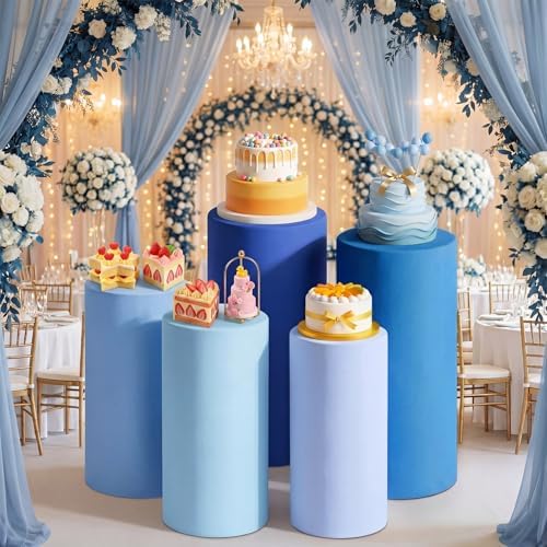 Set of 5 Blue Cylinder Stand Covers, Spandex Pedestal Stand in Blue Color, alternate view 6