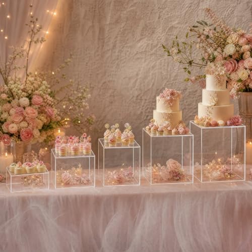 Set of 5 Clear Acrylic Cake Risers, Square Dessert Display Stands for Buffets & Events - 4"-12" Tall x 8.5"-12"
