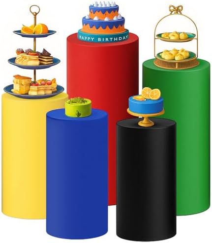 Set of 5 Color Cylinder Stand Covers, Spandex Pedestal Stand in Red Blue Yellow Green Black
