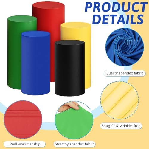 Set of 5 Color Cylinder Stand Covers, Spandex Pedestal Stand in Red Blue Yellow Green Black, alternate view 4