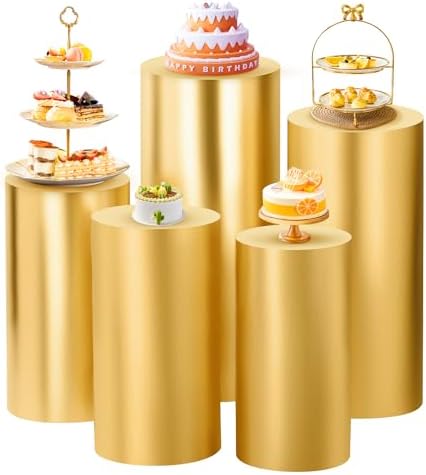 Set of 5 - Gold Cylinder Pedestal Stand Covers in Gold