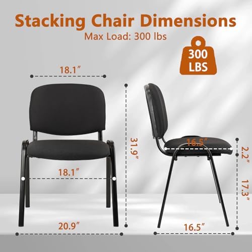 Set of 5 Pack Stackable Waiting Room Chairs Fabric Black Reception Chair Metal with Thickened Seat Back Cushion, alternate