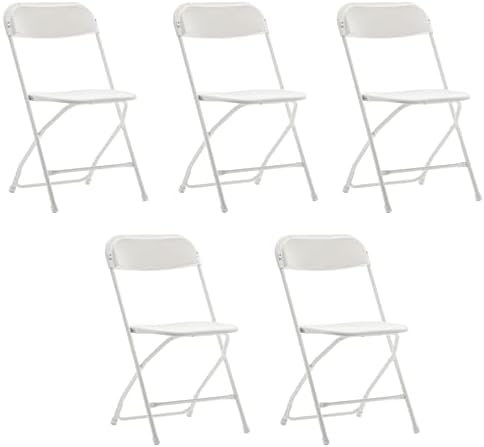 Set of 5 Pack, White Plastic Folding Chair Steel Frame Commercial High Capacity Event Chair Lightweight Set for