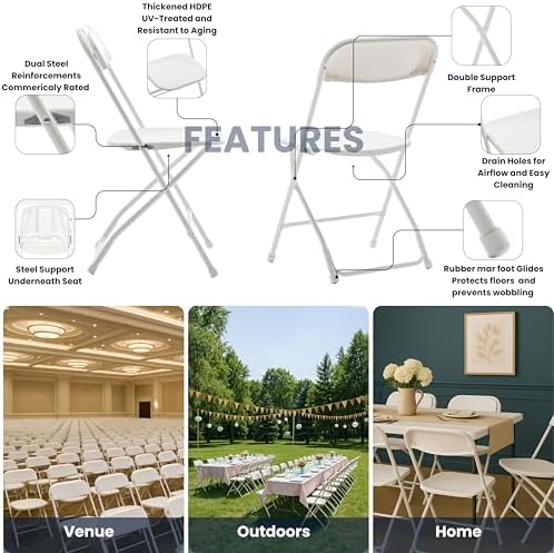 Set of 5 Pack, White Plastic Folding Chair Steel Frame Commercial High Capacity Event Chair Lightweight Set for, alternate
