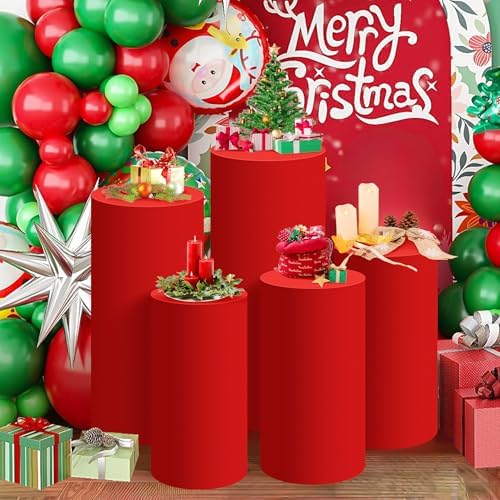 Set of 5 - Red Cylinder Pedestal Stand Covers in Red, alternate view 2