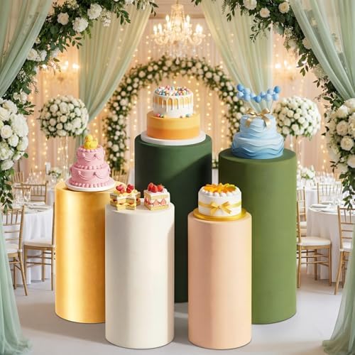 Set of 5 SageGreen Cylinder Stand Covers, Spandex Pedestal Stand in Sage Green Color, alternate view 5