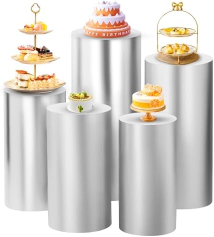 Set of 5 - Silver Cylinder Pedestal Stand Covers in Silver