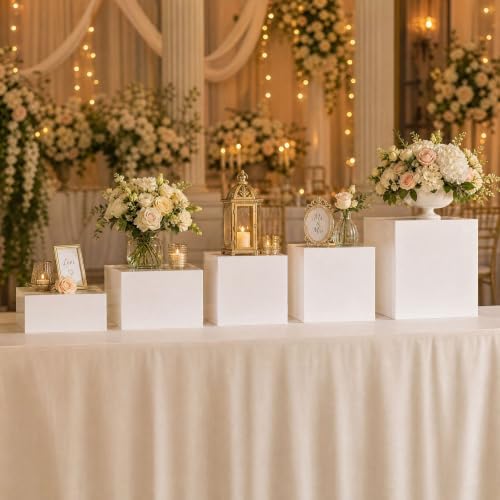 Set of 5 White Acrylic Cake Risers, Square Dessert Display Stands for Buffets & Events - 4"-12" Tall x 8.5"-12"