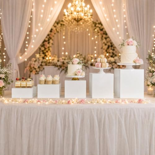 Set of 5 White Acrylic Cake Risers, Square Dessert Display Stands for Buffets & Events - 4"-12" Tall x 8.5"-12", alternate