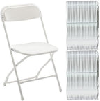 Set of 50, Indoor Outdoor White Plastic Folding Chairs Stacking Steel Frame Commercial 650LB Weight Capacity