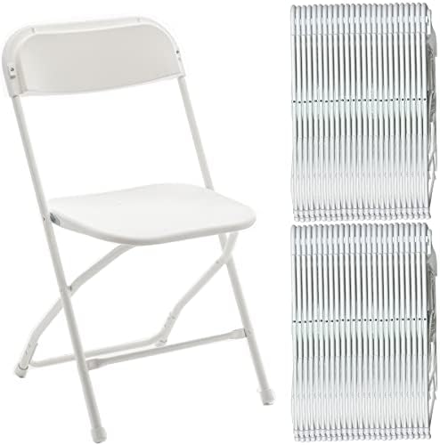 Set of 50, Indoor Outdoor White Plastic Folding Chairs Stacking Steel Frame Commercial 650LB Weight Capacity