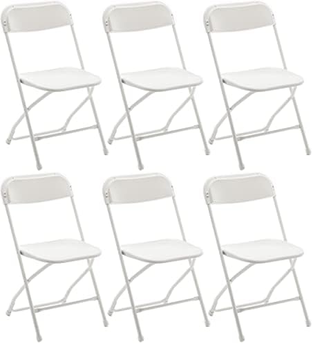 Set of 6, Indoor Outdoor White Plastic Folding Chairs Stacking Steel Frame Commercial 650LB Weight Capacity
