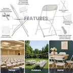 Set of 6, Indoor Outdoor White Plastic Folding Chairs Stacking Steel Frame Commercial 650LB Weight Capacity, alternate view 4