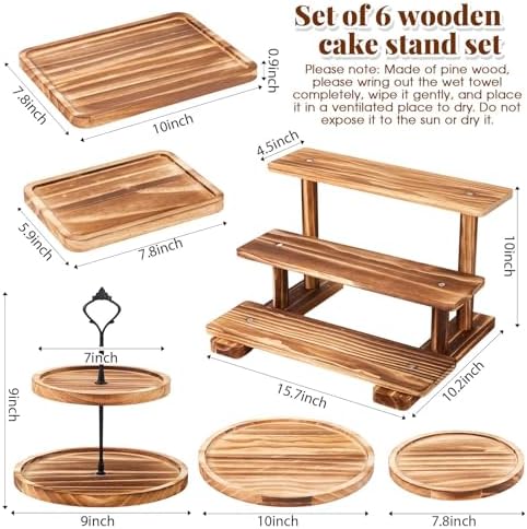 Set of 6 Rustic Wood Dessert Table Display Set - Cake Stands, Tiered Cupcake Tower & Serving Trays for Wedding, alternate
