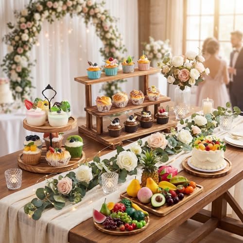 Set of 6 Rustic Wood Dessert Table Display Set - Cake Stands, Tiered Cupcake Tower & Serving Trays for Wedding, alternate