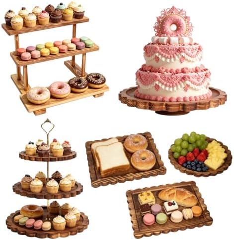 Set of 6 Wooden Dessert Display Table Set with 3-Tier Cupcake Stand