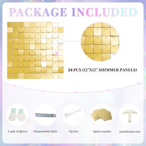 Shimmer Wall Backdrop Light Gold Wall Panels 24Pcs Square Sequin Shimmer Wall Backdrop Decoration for Birthday, alternate