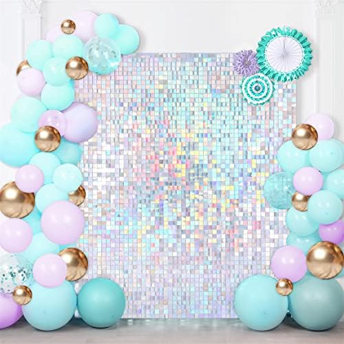 Shimmer Wall Backdrop Sequin Panels 24 Packs-Sparkly Backdrop for Birthday in 6ftx4ft in Iridescent Silver, alternate view 2