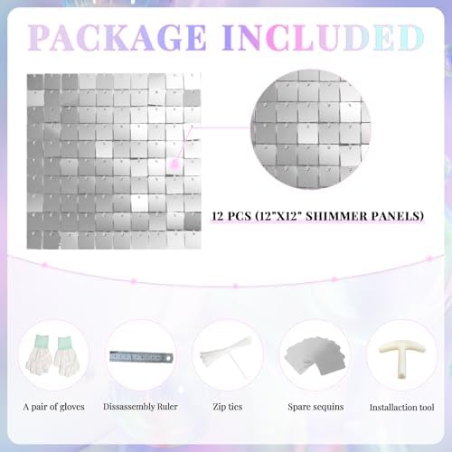 Shimmer Wall Backdrop Silver Wall Panels 12Pcs Square Sequin Shimmer Wall Backdrop Decoration for Birthday, alternate view 4