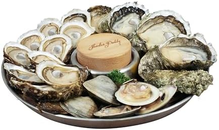 Shucker Paddy Oyster Tray Set, 2-in-1 Stainless Steel Oyster Shucking & Serving Tray with Wooden Puck, Holds 24