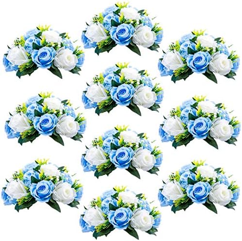 Silk Rose Flower Balls for Table Centerpieces, Blue&White, 10Pcs in White/Gold/Grey