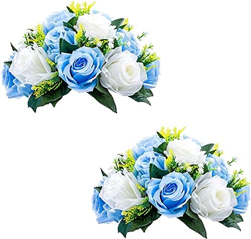 Silk Rose Flower Balls for Table Centerpieces, Blue&White, 2Pcs in White/Gold/Grey