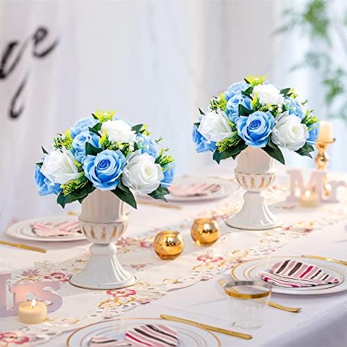 Silk Rose Flower Balls for Table Centerpieces, Blue&White, 2Pcs in White/Gold/Grey, alternate view 4