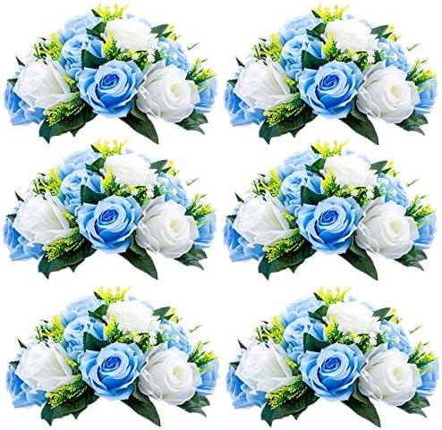 Silk Rose Flower Balls for Table Centerpieces, Blue&White, 6Pcs in White/Gold/Grey