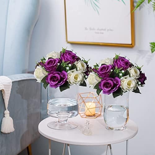 Silk Rose Flower Balls for Table Centerpieces, Purple&White, 2Pcs in Gold/Grey/White, alternate view 4