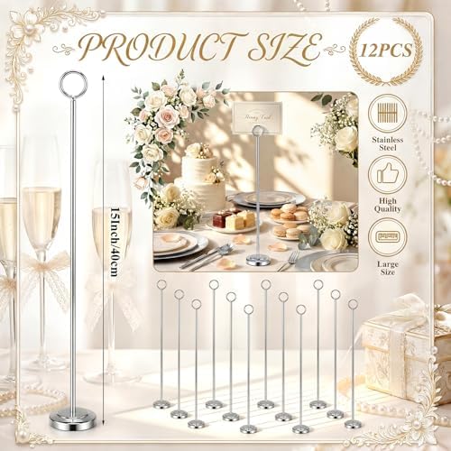Silver 12 Pcs Table Number Holders 15 Inch Number Stand Place Card Holder for Photos, Food Signs, Memo Notes, alternate view