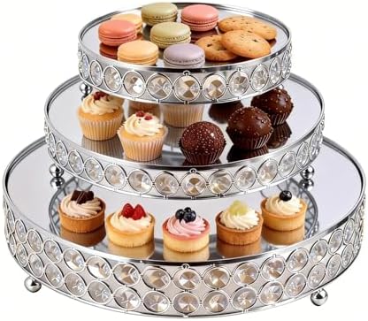 Silver 8/10/12 Inch Crystal Cake Stand Set Round Cake Stand with Crystal Bling Pendants Dessert Table Display