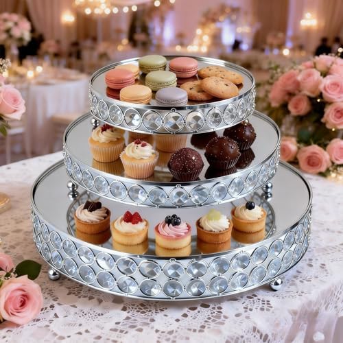 Silver 8/10/12 Inch Crystal Cake Stand Set Round Cake Stand with Crystal Bling Pendants Dessert Table Display, alternate view