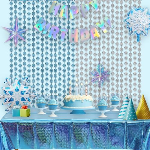 Silver Blue Snowflake Fringe Curtain -3.2ft x 6.5ft - 2 Pack, alternate view 2