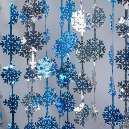 Silver Blue Snowflake Fringe Curtain -3.2ft x 6.5ft - 2 Pack, alternate view 6