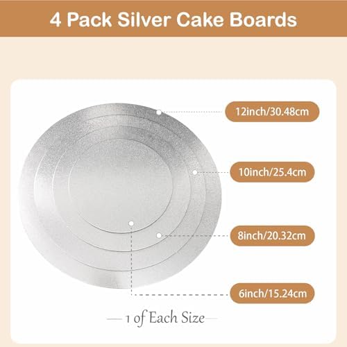 Silver Cake Boards 4 Pack, 6 8 10 12 Inch Round Cardboard Cake Base, alternate view 4