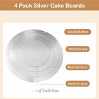 Silver Cake Boards 4 Pack, 6 8 10 12 Inch Round Cardboard Cake Base, alternate view 4