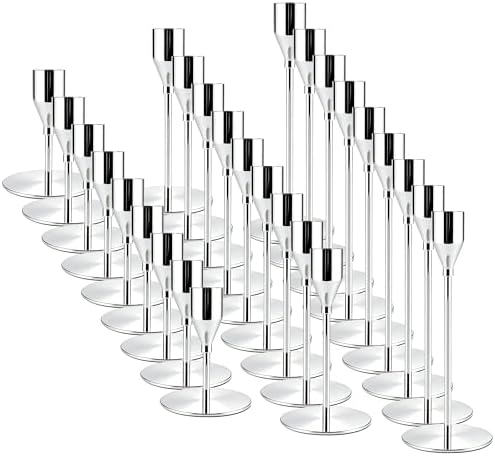 Silver Candlestick Holders, Metal Taper Candle Holders, Bulk Set of 27 in Silver
