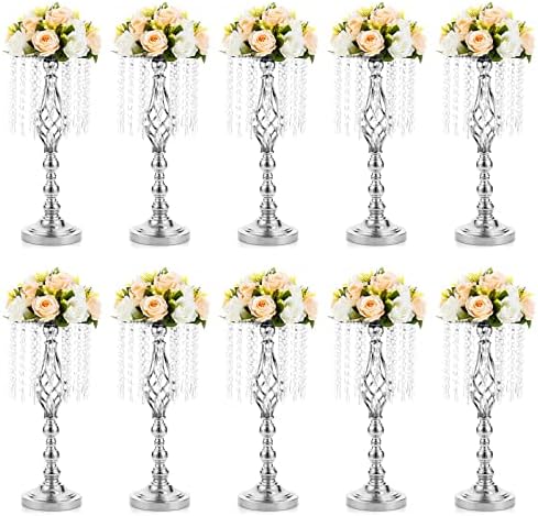 Silver Centerpiece for Wedding Table, 19.3" Tall, 10 Pcs in Silver