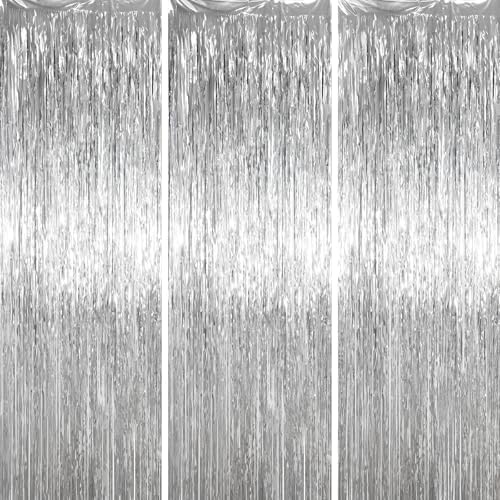 Silver Foil Fringe Backdrop Curtains, 3.3x6.6ft, 3pcs in 3.3x6.6ft