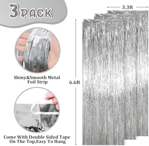 Silver Foil Fringe Backdrop Curtains, 3.3x6.6ft, 3pcs in 3.3x6.6ft, alternate view 3