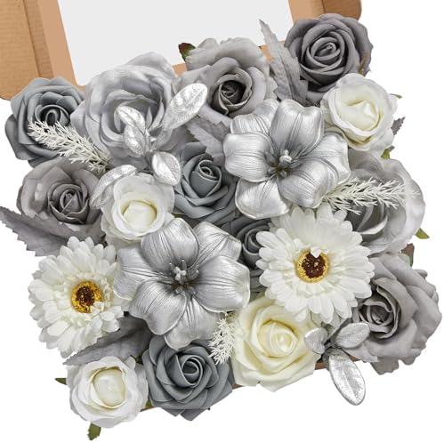 Silver Grey Artificial Flowers Silk Fake Flowers for DIY Wedding
