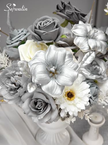 Silver Grey Artificial Flowers Silk Fake Flowers for DIY Wedding, alternate view 5
