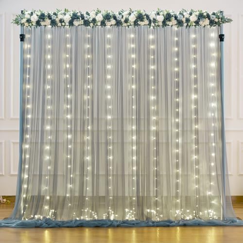 Silver Grey Tulle Backdrop Curtain with Lights String for Parites 10x10ft Sheer Backdrop Curtains for Birthday