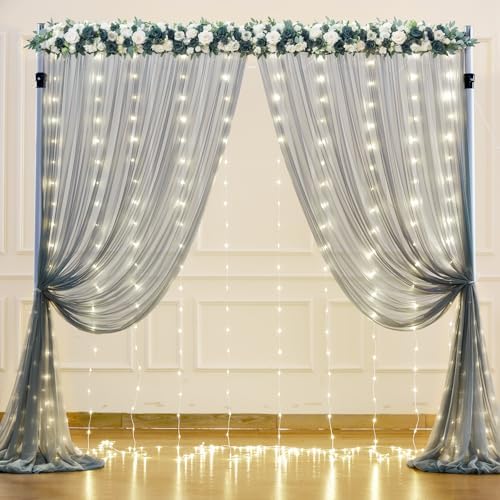 Silver Grey Tulle Backdrop Curtain with Lights String for Parites 10x10ft Sheer Backdrop Curtains for Birthday, alternate