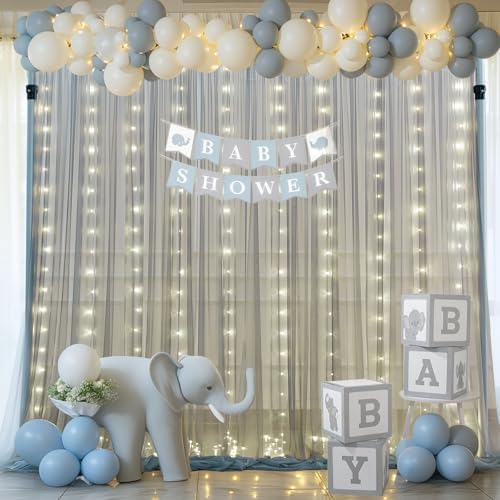 Silver Grey Tulle Backdrop Curtain with Lights String for Parites 10x10ft Sheer Backdrop Curtains for Birthday, alternate