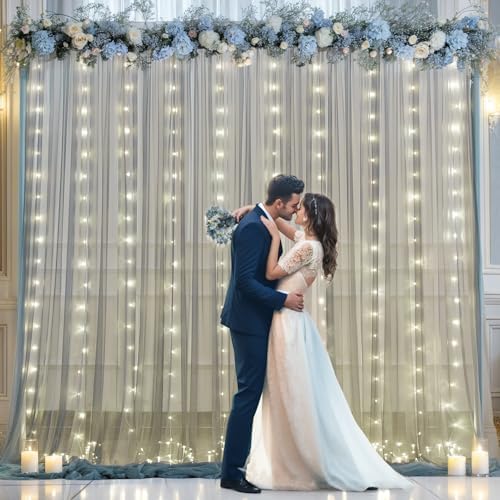 Silver Grey Tulle Backdrop Curtain with Lights String for Parites 10x10ft Sheer Backdrop Curtains for Birthday, alternate