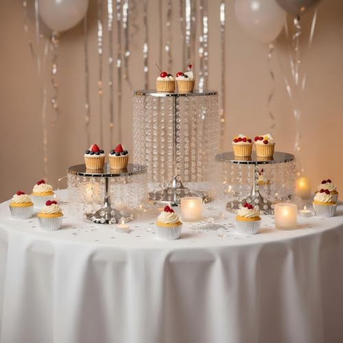 Silver Metal Cake Stand Set of 3, Round Wedding Cupcake Holder in Silver, alternate view 4