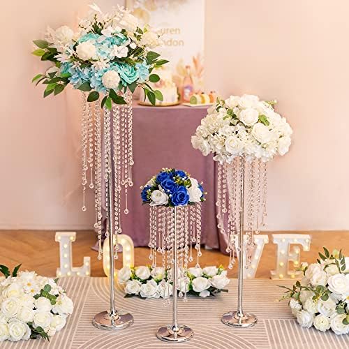 Silver Metal Flower Centerpiece Stand with Crystal Beads,2Pcs in Silver, alternate view 5
